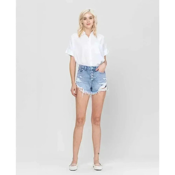 VERVET by Flying Monkey Rigid Button Up High Rise Denim Shorts - Picture 1 of 8